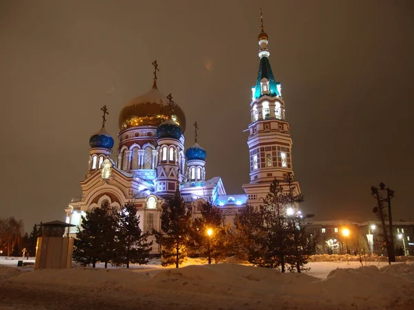 Omsk Ryssland Jaunari 2020 Nattutsikt Över Uspenskis Katedral — Stockfoto
