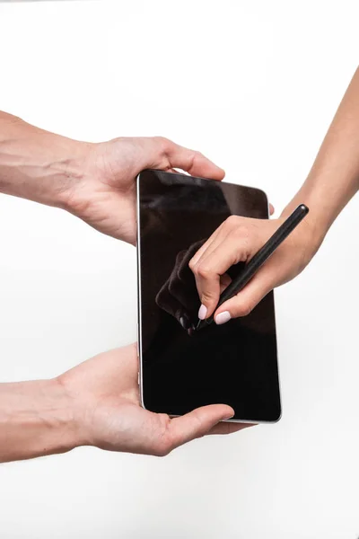 Close up top view of a male signing contract on a tablet. Concept of busines strategy building using modern technologies. — Stock Photo, Image