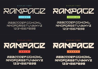 Vektör modern görüntüleme yazı tipini Rampage adı. Işık, normal, kalın bir