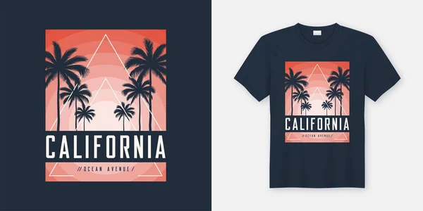 캘리포니아 오션 애비뉴 t-셔츠 및 의류 디자인, 타이 포 그래피, — 스톡 벡터