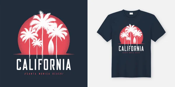 캘리포니아 산타 모니카 비치 t-셔츠 및 의류 디자인, typogr — 스톡 벡터