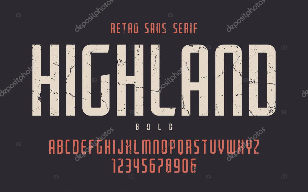 Highland vector condensed bold retro typeface, uppercase letters and numbers, alphabet, font, typography. Global swatches.