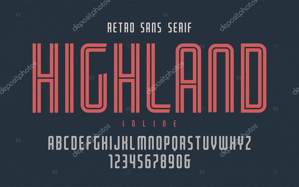 Highland vector condensed inline retro typeface, uppercase letters and numbers, alphabet, font, typography. Global swatches.