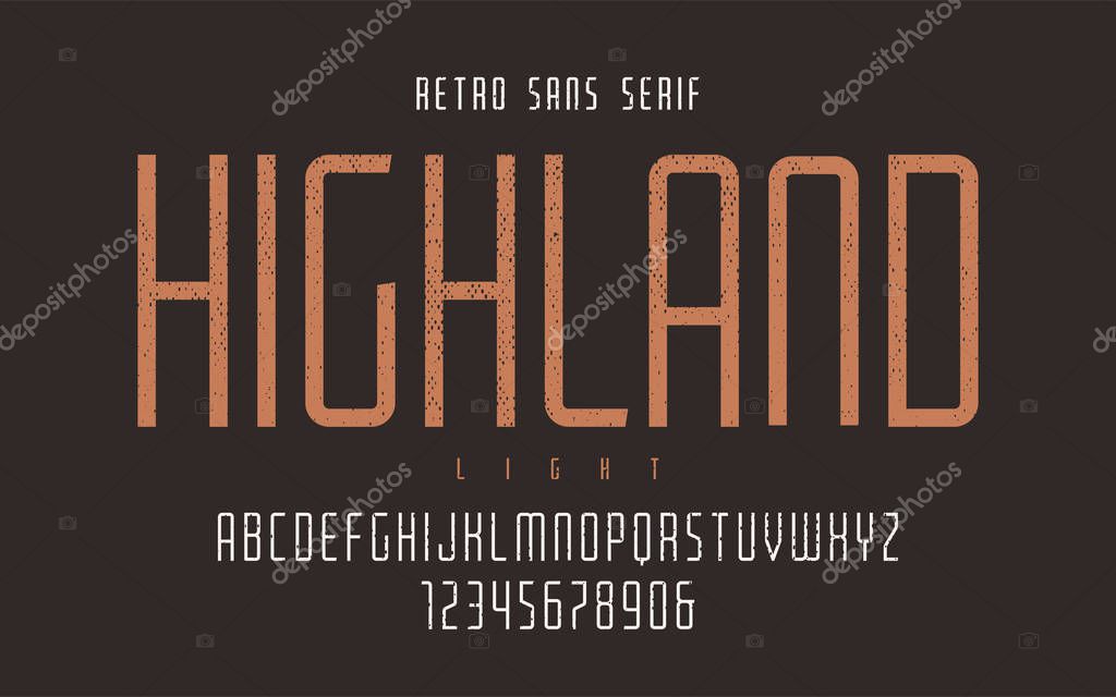 Highland vector condensed light retro typeface, uppercase letters and numbers, alphabet, font, typography. Global swatches.