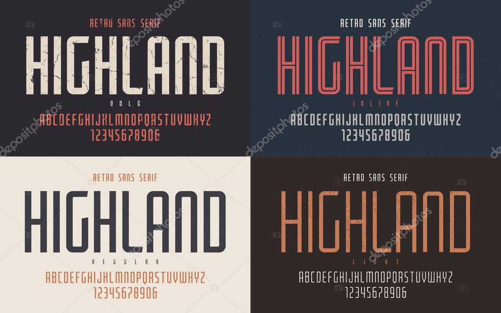 Highland vector condensed bold inline regular and light retro typeface, uppercase letters and numbers, alphabet, font, typography. Global swatches.