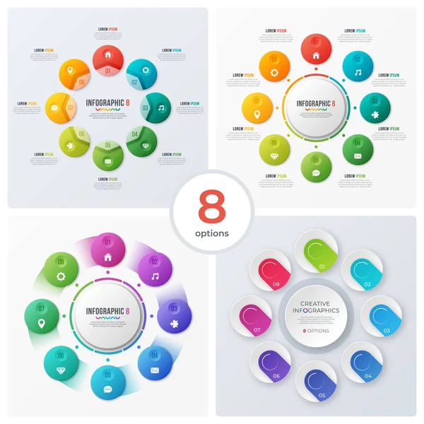 Conjunto de gráficos circulares modernos, diseños infográficos, visualización — Archivo Imágenes Vectoriales