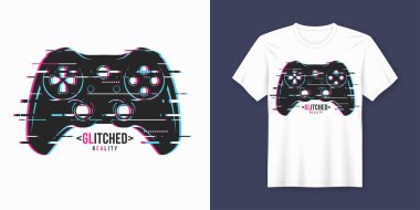 Stylish t-shirt and apparel trendy design with glitchy gamepad,  clipart