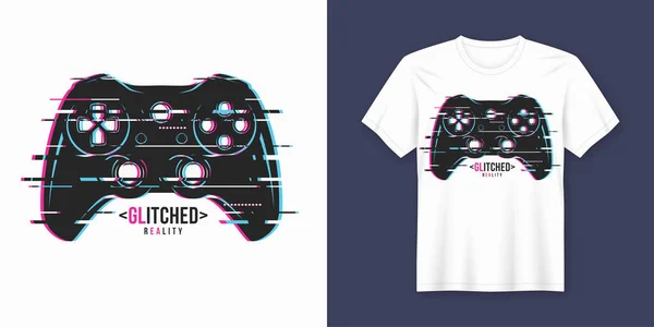 Snygg t-shirt och kläder trendiga design med glitchy gamepad, — Stock vektor