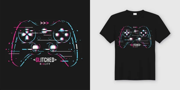 Elegante t-shirt e abbigliamento design alla moda con gamepad glitchy , — Vettoriale Stock