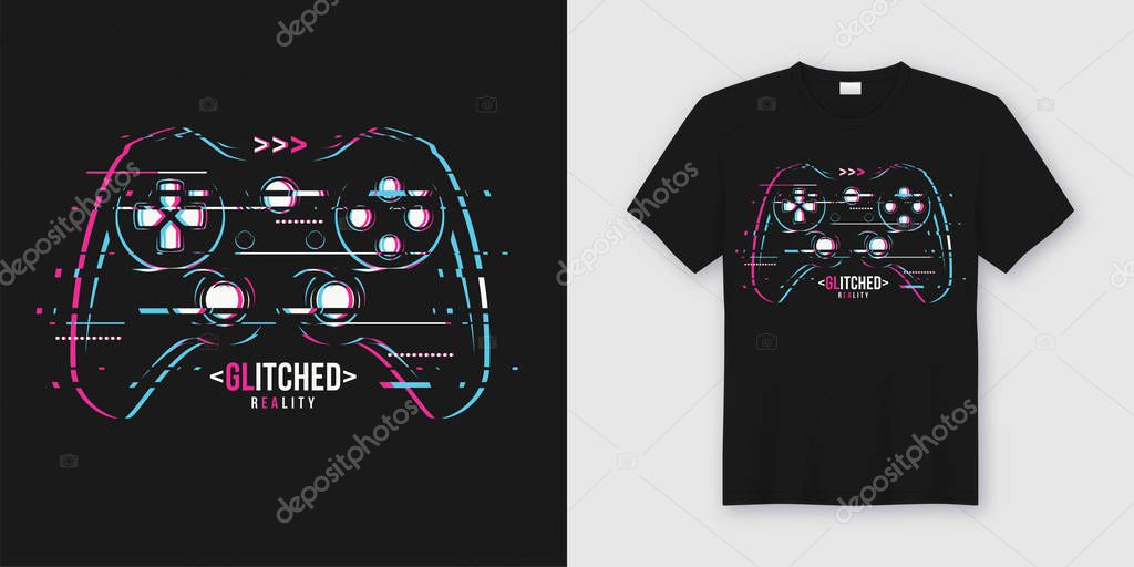 Stylish t-shirt and apparel trendy design with glitchy gamepad, 