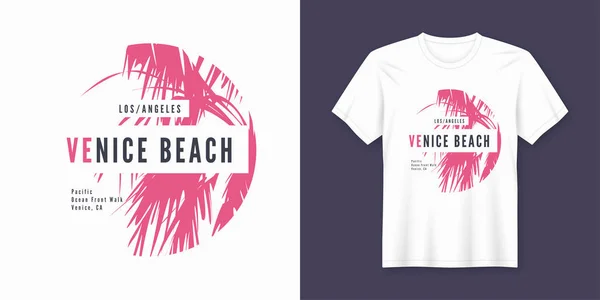Veneza praia t-shirt e vestuário design moderno com palmeira si —  Vetores de Stock