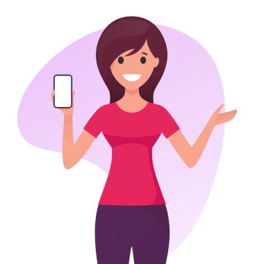 Gülümseyen neşeli genç kadın tutar ve cep telefonu sunuyor.