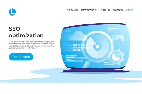 SEO оптимизации, веб аналитики векторной концепции. Посадочная страница — стоковый вектор