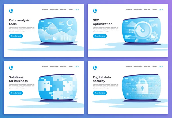 Analyse des données, optimisation du référencement, solutions métier, sec numérique — Image vectorielle