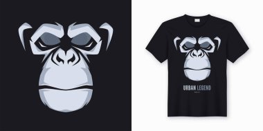 Vektör t-shirt ve Konfeksiyon tasarım, baskı, poster ile stillendirilmiş bir şempanze maymun yüzü. Küresel renk örnekleri.
