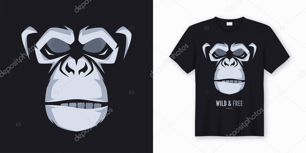Vector t-shirt and apparel design, print, poster with styled face of a chimp ape. Global swatches.