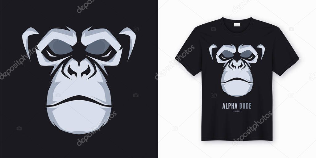 Vector t-shirt and apparel design, print, poster with styled face of a chimp ape. Global swatches.