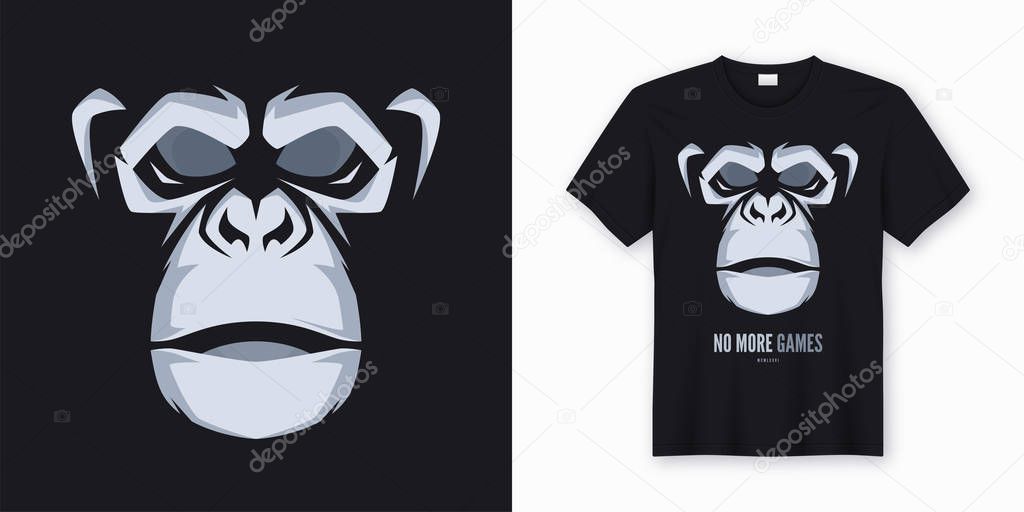 Vector t-shirt and apparel design, print, poster with styled face of a chimp ape. Global swatches.