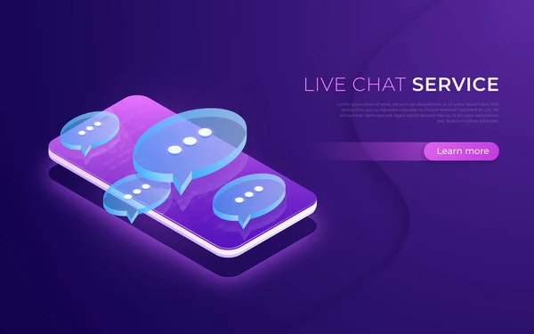 Servicio de chat en vivo, comunicación en redes sociales, concepto isométrico de chat — Vector de stock