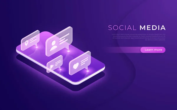 Comunicação de mídia social, rede, bate-papo, mensagens conceito isométrico — Vetor de Stock
