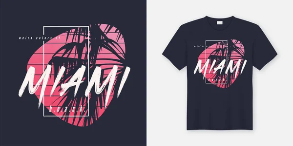 Couleurs de Miami plage design vectoriel graphique tee avec palmier — Image vectorielle