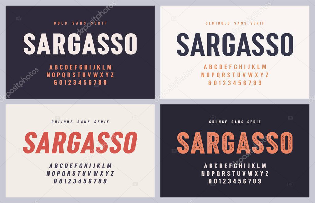 Sargasso bold, semibold, oblique and grunge san serif vector font, alphabet