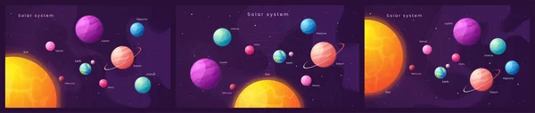 Det sol-systemet. Uppsättning färgglada tecknade infographic bakgrund — Stock vektor