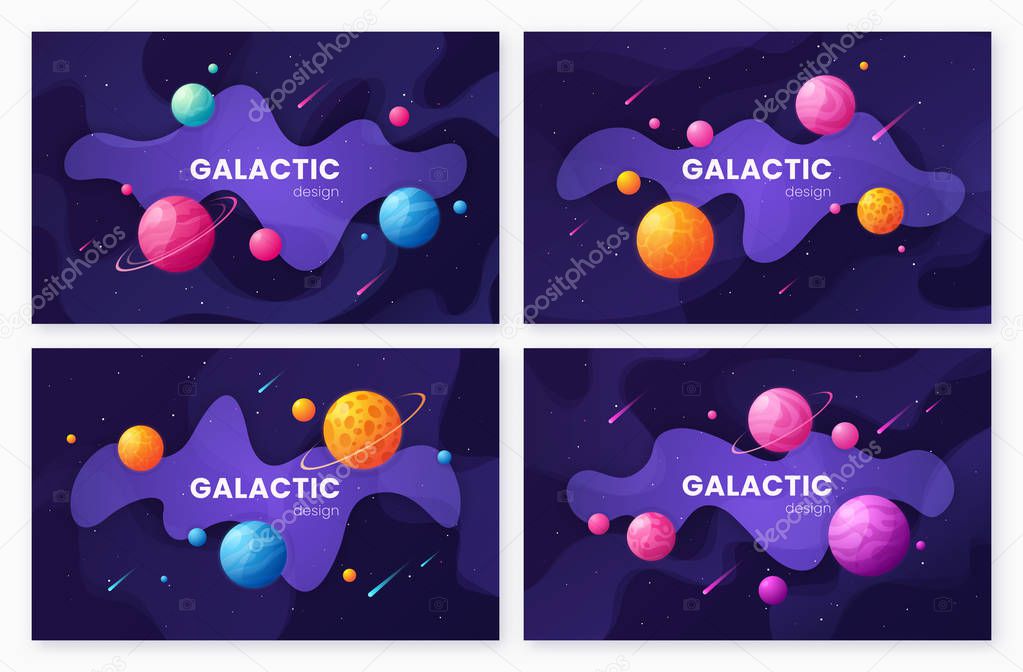 Set of cartoon galaxy futuristic outer space backgrounds, design