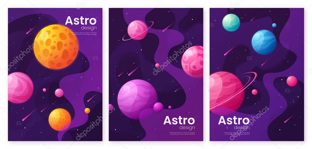 Set of cartoon deep space futuristic backgrounds, covers, brochu