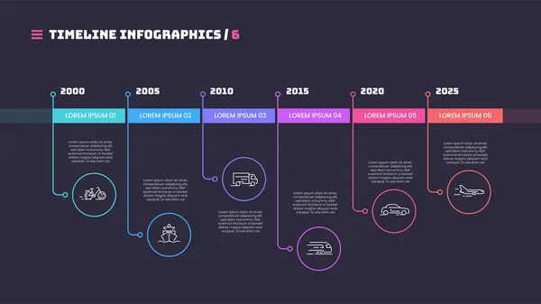 Тонка лінія часу мінімальна інфографічна концепція з шістьма періодами — стоковий вектор