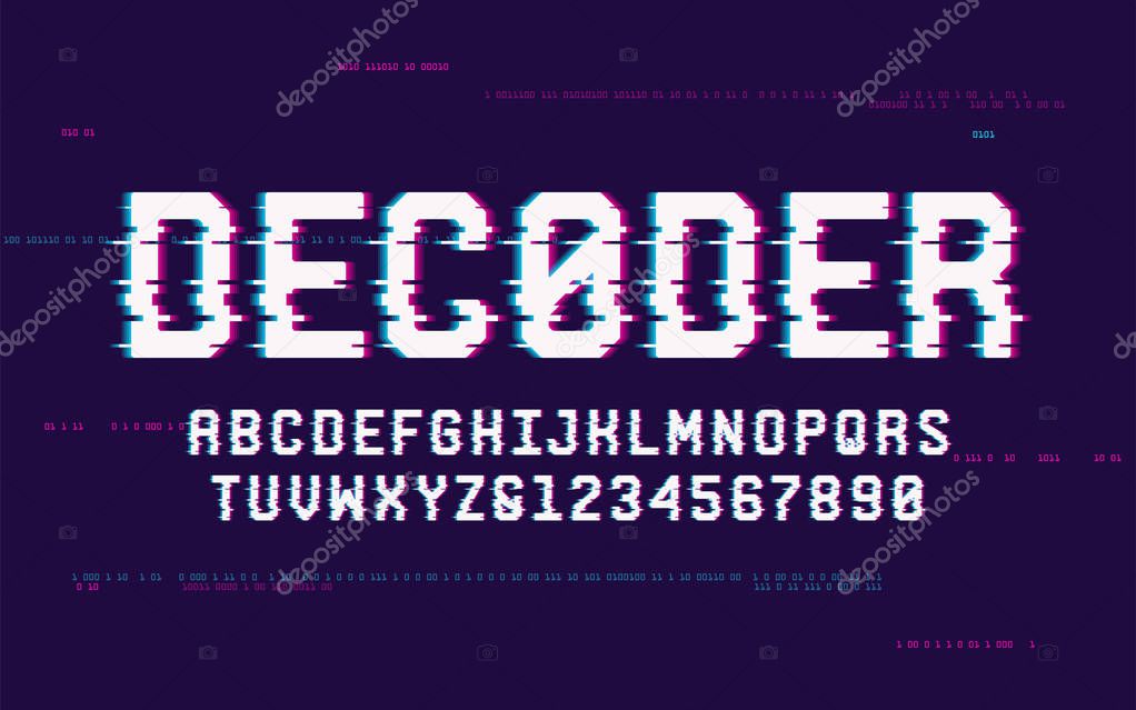 Technology san serif uppercase letters and numbers, alphabet, font, typography with digital noise, distortion, glitch effect. Vector illustration.