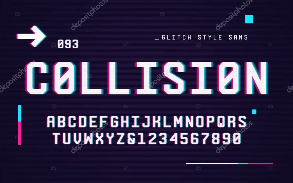 Technology san serif uppercase letters and numbers, alphabet, font, typography with digital noise, distortion, glitch effect. Vector illustration.