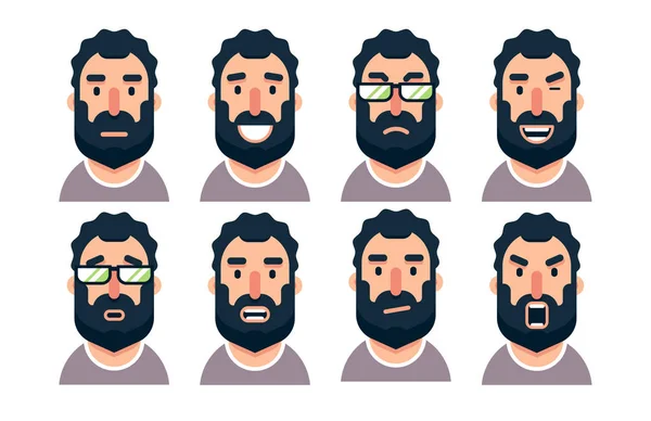Szakállas ember rajzfilmfigura, különböző arc-kifejezések. — Stock Vector
