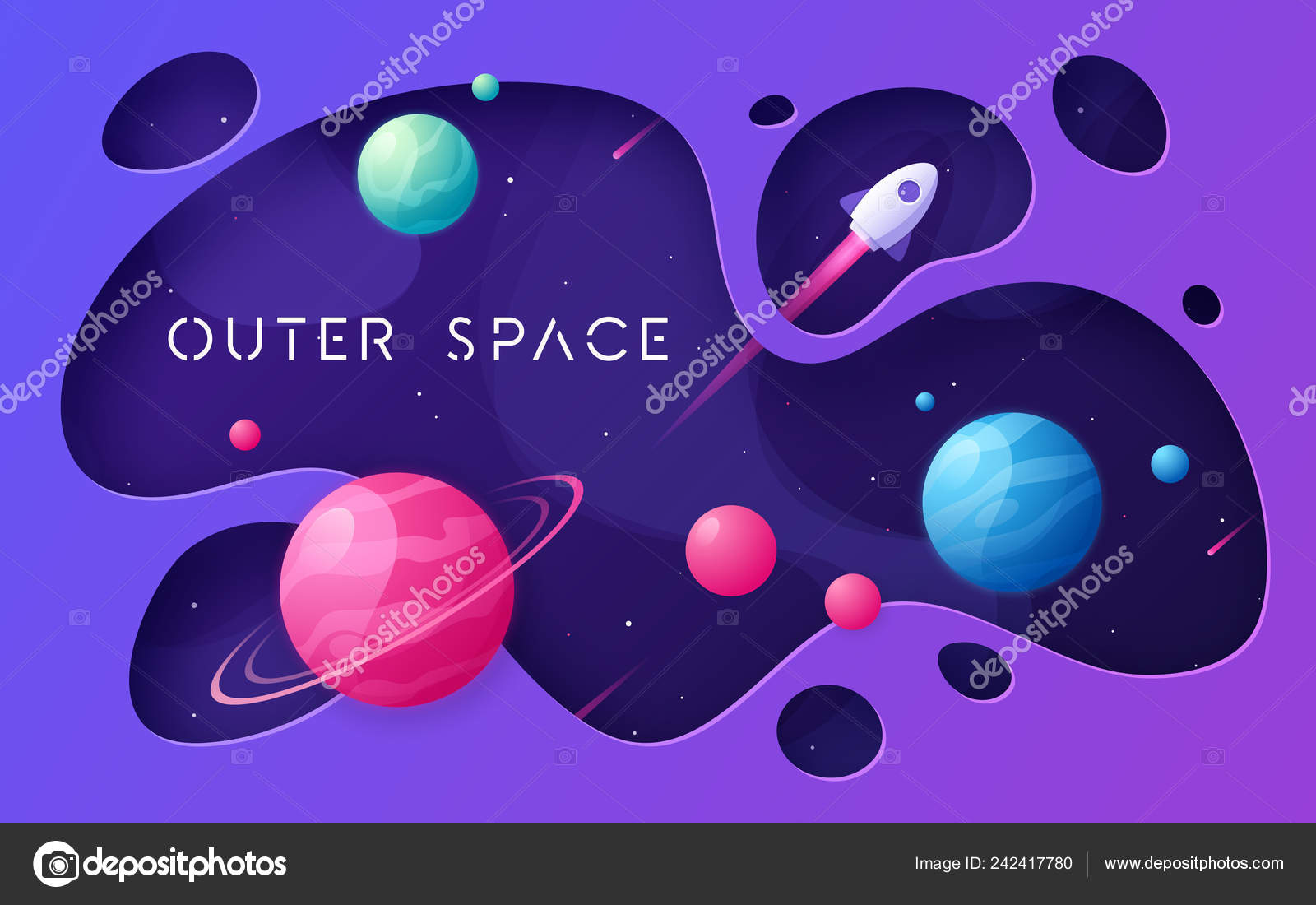 Colorful cartoon outer space background, design, banner, artwork. Stock