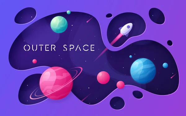 Colorful cartoon outer space background, design, banner, artwork. — Stock Vector