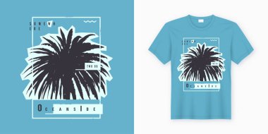 Oceanside. Şık grafik tee tasarımı, afişi, palmiye ağacı ile yazdırma.
