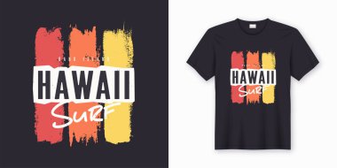 Hawaii'de sörf. Şık grafik tee tasarımı, afişi, yazdırma. Vektör çizim