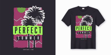 Mükemmel yaz. Şık renkli tişört tasarımı, afişi, palmiye ağaçları ile yazdırma.