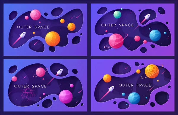 Conjunto de dibujos animados coloridos fondos del espacio exterior, diseños, pancartas, obras de arte . — Vector de stock