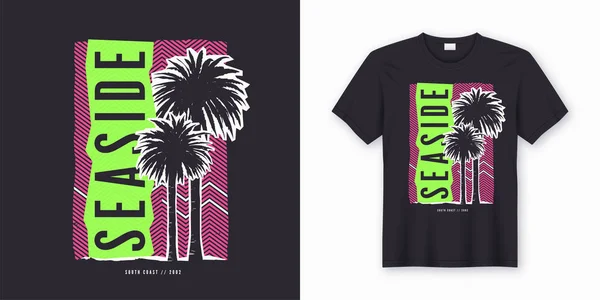 Mořské pobřeží. Stylové barevné tričko design, plakát, tisk s palmami. — Stockový vektor