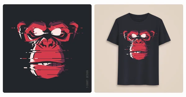 Graphic tee shirt ontwerpen, afdrukken met glitch gestyled boos chimpansee. — Stockvector