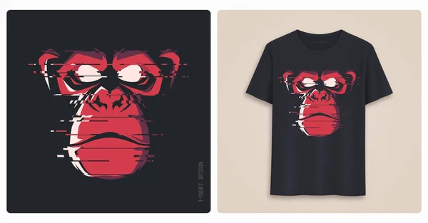Graphic tee shirt design, print with glitch styled angry chimp. — Stock Vector