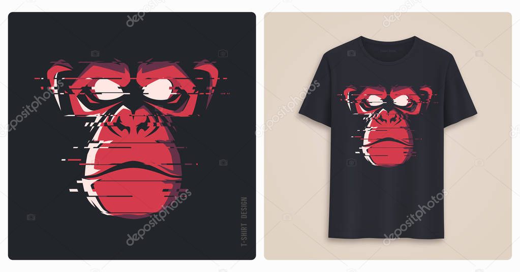Graphic tee shirt design, print with glitch styled angry chimp. 