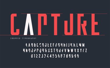 Tipografi kırpılmış, ayarla büyük harfler ve sayılar, alfabe.