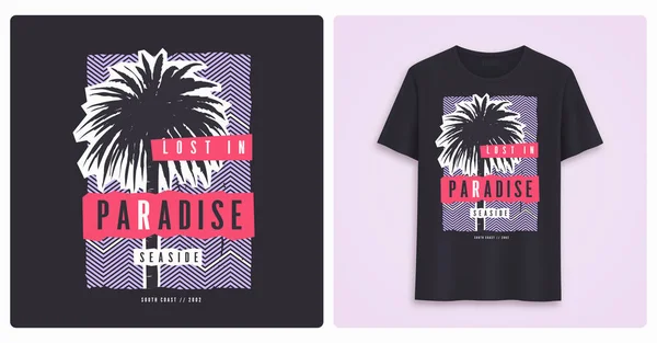 Perdido no paraíso. Projeto colorido elegante da t-shirt do gráfico, cartaz, imprimir com palmeiras . —  Vetores de Stock