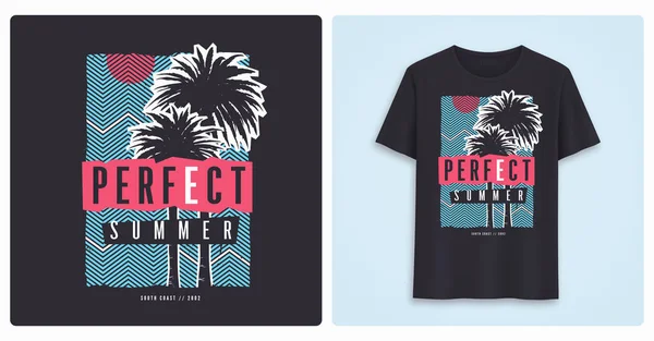 完璧な夏。スタイリッシュなカラフルなグラフィックの t シャツのデザイン、ポスター、ヤシの木プリント. — ストックベクタ
