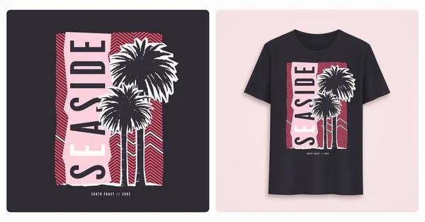 Seaside. Snygga färgglada grafisk t-shirt design, affisch, skriv ut med palmer. — Stock vektor