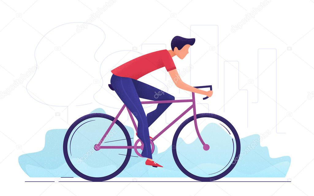 Vector illustration of a young man cycling through the city park.