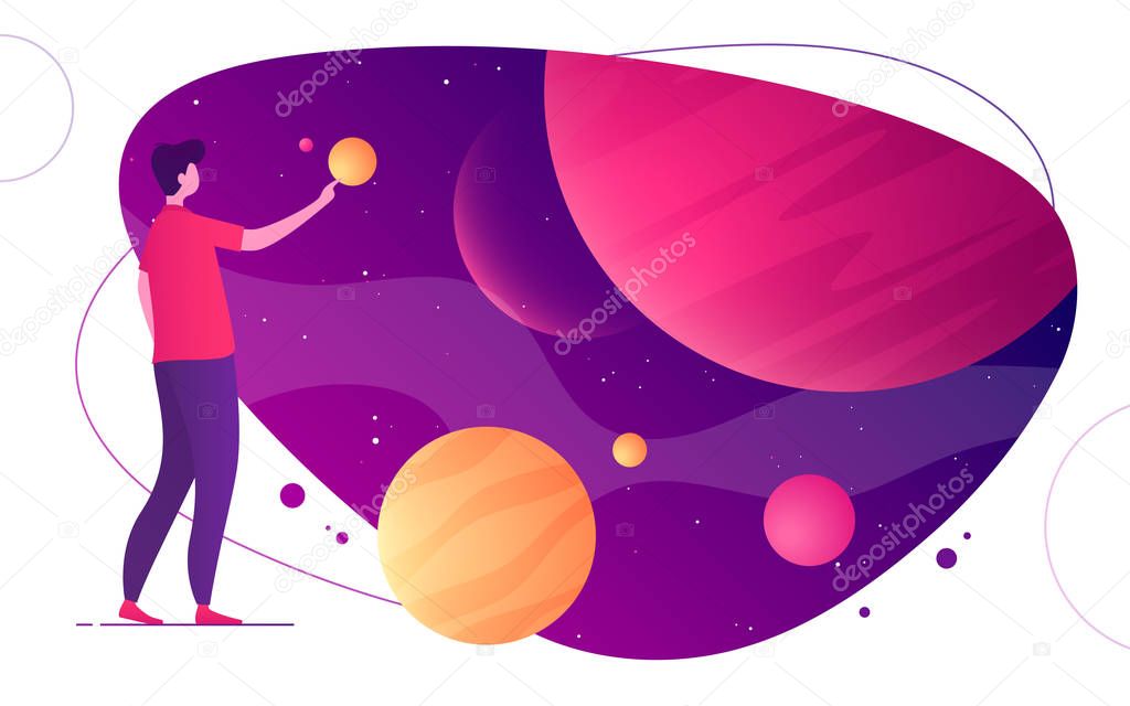 Colorful vector illustration on the topic of space, imagination, exploring, innovation, virtual and augmented reality