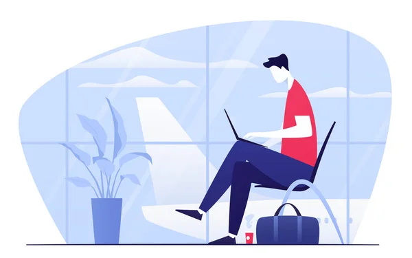Vektor-Illustration eines jungen Mannes mit Laptop in der Abflughalle des Flughafens — Stockvektor